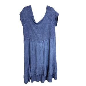 Cato Plus Size 26/28 Blue Smocked Bodice Mineral Wash Midi Dress Short Sleeve